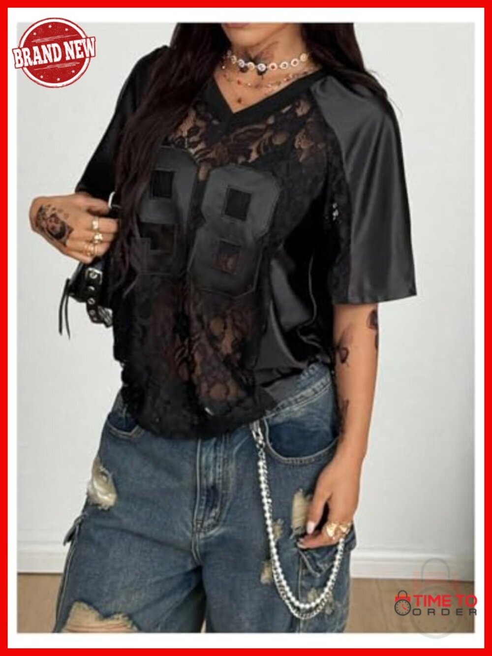 Sheer Mesh Lace Graphic T-Shirt V Neck Short Sleeve Oversized - Picture 4 of 4